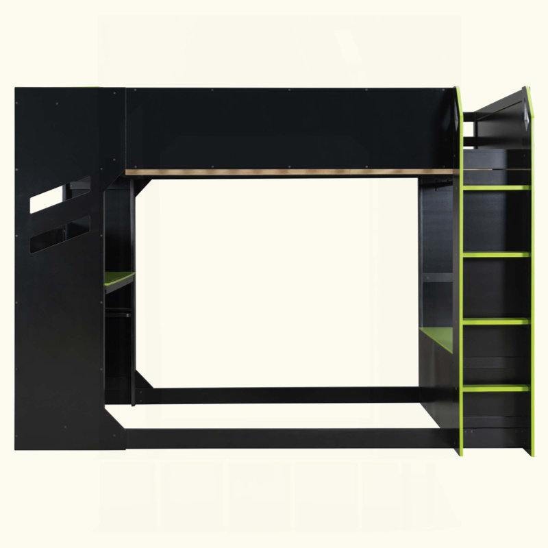 Lit mezzanine en bois avec bureau réglable en hauteur, tiroirs, compartiments de rangement, tringle et lumières RVB, Vert