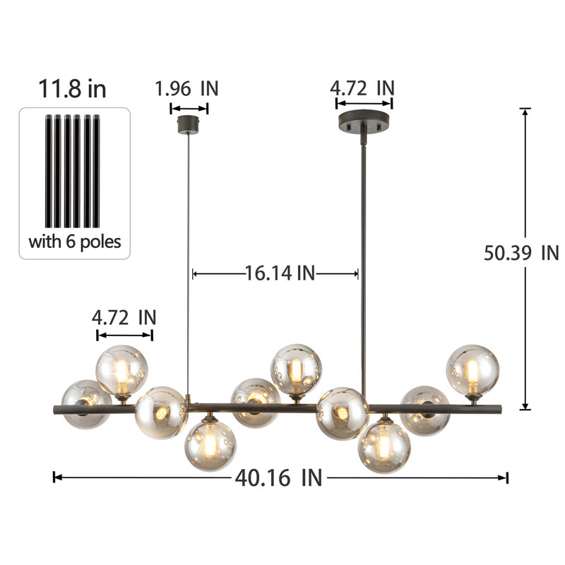  10 - Light Dimmable Bubble Glass Sputnik Modern Linear Chandelier For Dining Room
