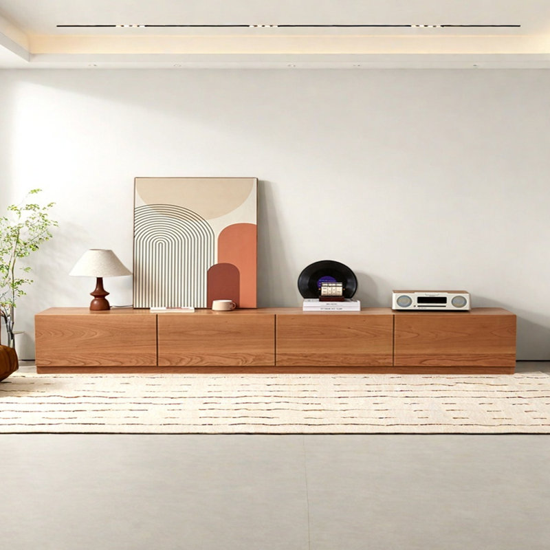 Modern Minimalist TV Stand in Cherry Wood, 94.48"