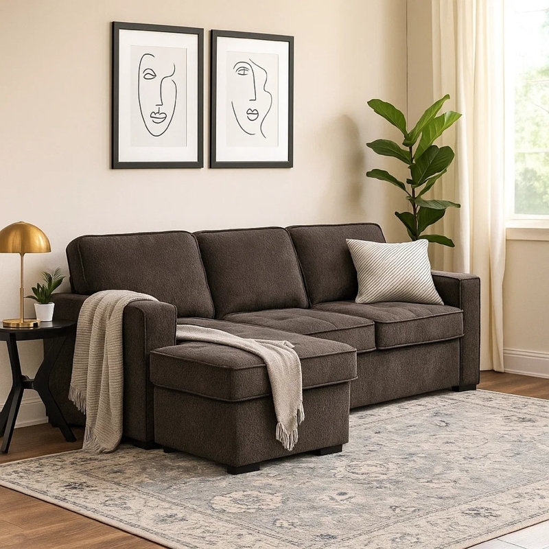 Iris Sectional Sofa Pullout Sleeper, Storage Chaise, Dark Gray, 93 Inch, Dark Gray Linen Blend
