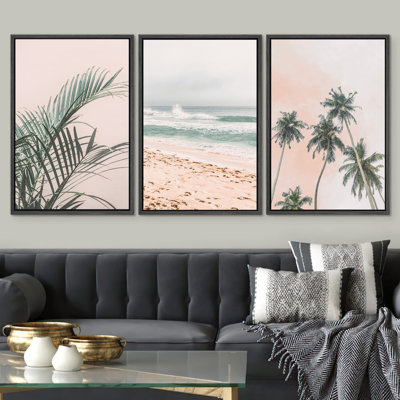 Beach And Plants " Tropical Palm Leaf Beach Ocean Shore Seascape Coastal Nautical Photography Modern Art Decor " 3 - Pieces