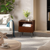 Rhombus Solid Rubber Wood Nightstand with Drawer & Open Shelf