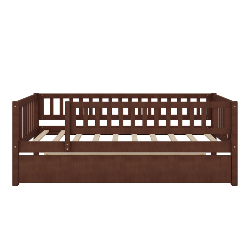 Daybed With Trundle And Fence Guardrails, Walnut, Twin