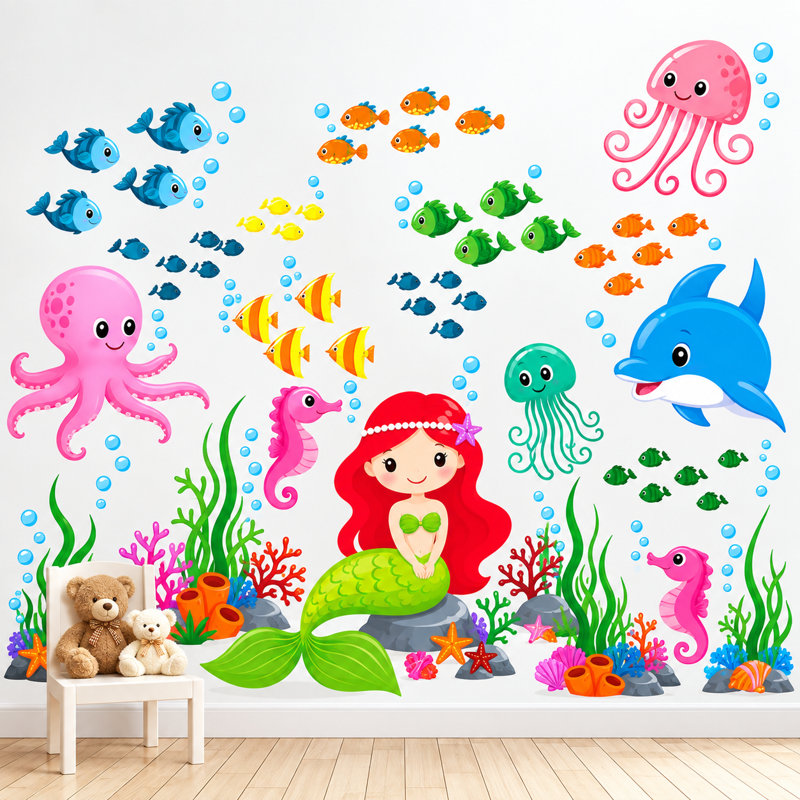Décalcomanie murale en vinyle Mermaid, Under the Sea and Ocean Nursery, Schéma A