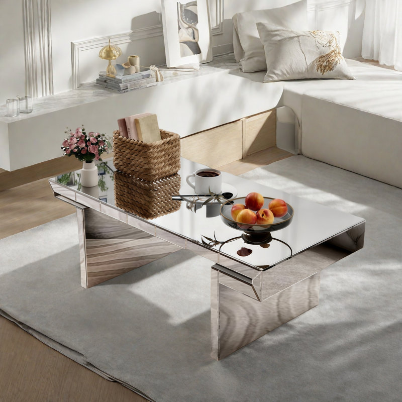 Luxury Rectangular Mirror Coffee Table With Fluted Tempered Glass And Rounded Edges