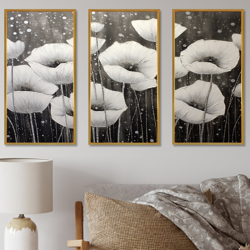 «Grey Poppies Silver Serenity» - ensemble d'art mural coquelicots, Cadre flottant doré, H 40 po x l 60 po x P 1 po