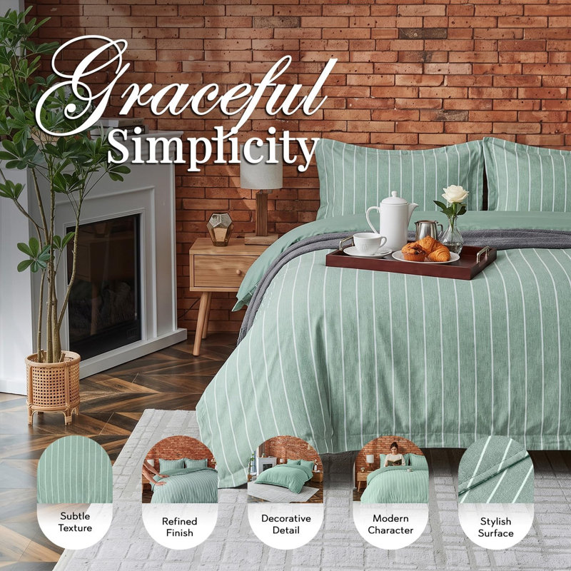Polyester Striped Duvet Cover Set, King Duvet Cover + 2 Standard Pillowcases, SAGE GREEN Striped