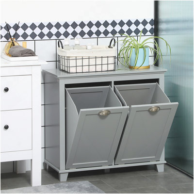 HOMCOM Tilt-Out Laundry Sorter Cabinet, Bathroom Storage Organizer With Two-Compartment Tilt-Out Hamper, Gray