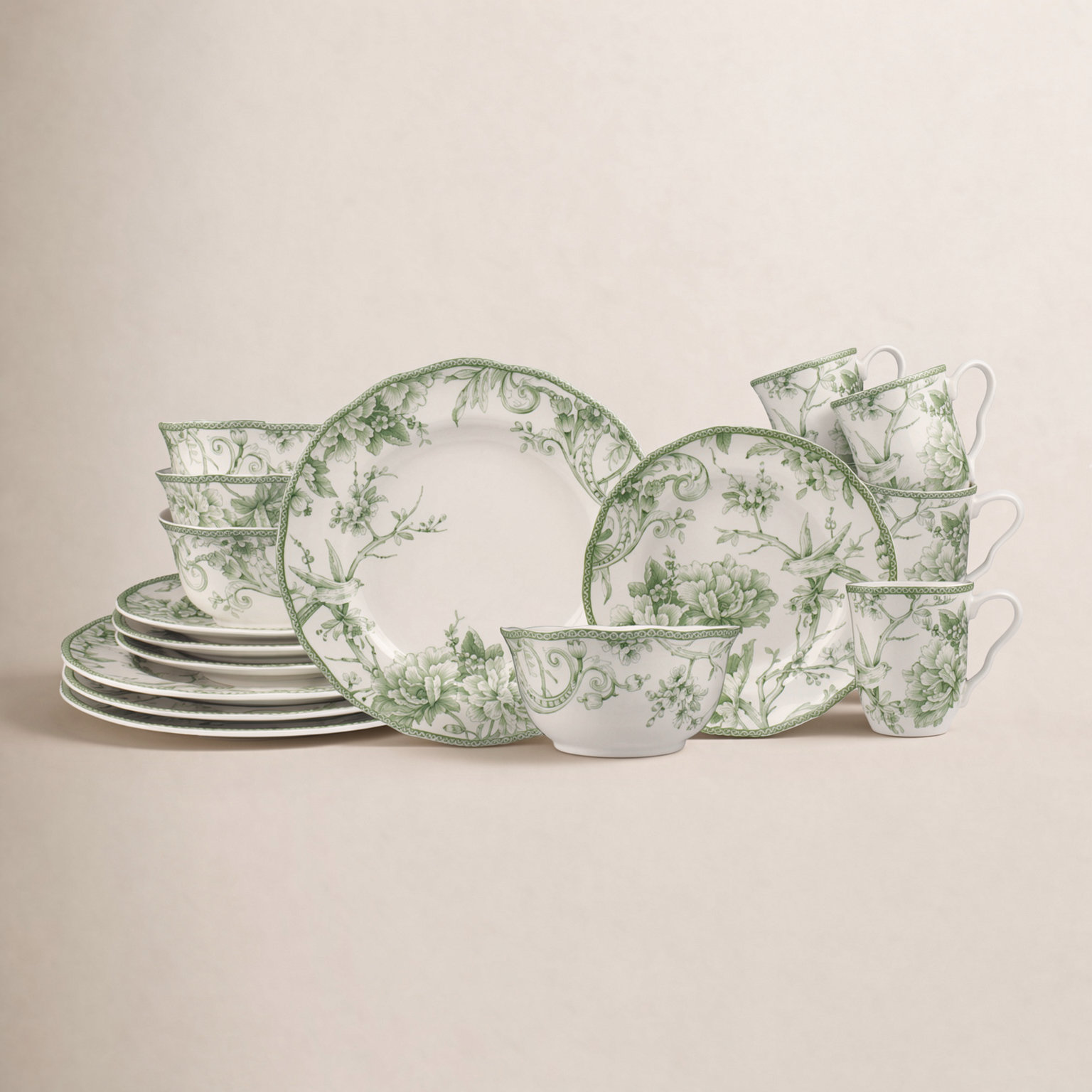 Adelaide Porcelain Dinnerware Set - Service for 4, Green, Floral