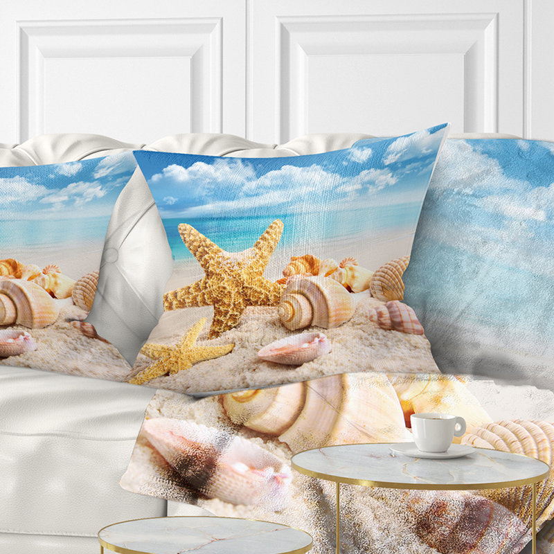 Seashore Starfish and Seashells on Beach Photo Pillow Design Art 