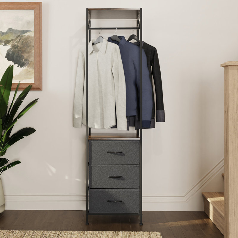 Buldir 3 Drawer Hallway Hanging Rail Coat Rack. Industrial Style Metal Frame, Walnut Effect Wood & Grey Fabric Drawers