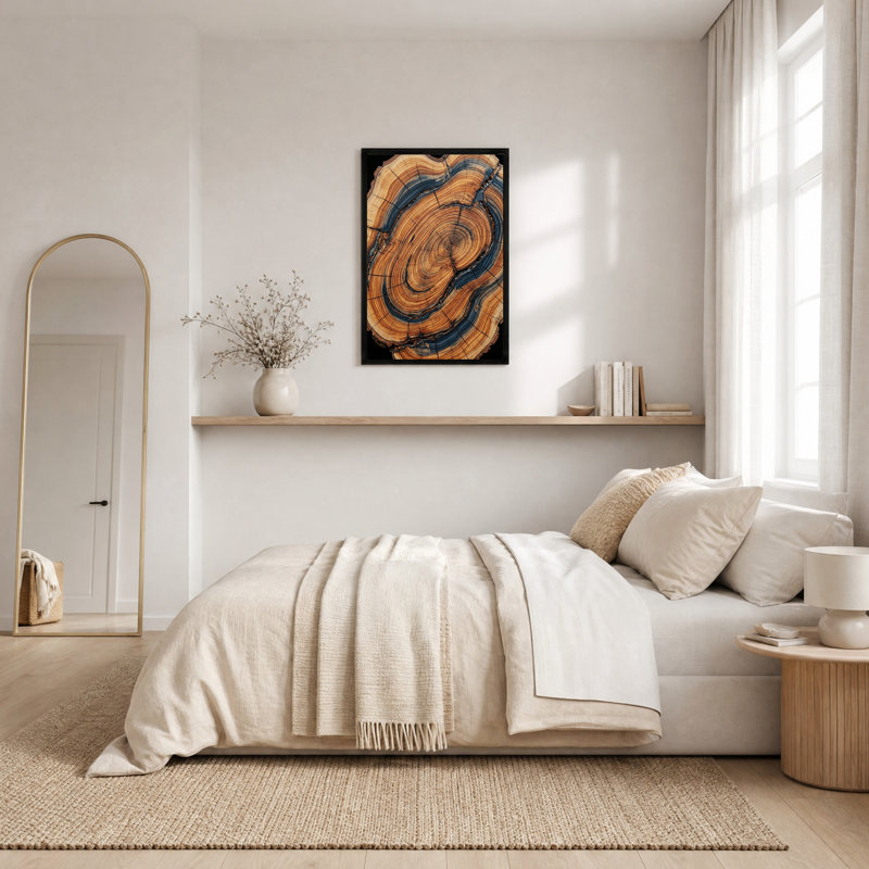 Tableau sur toile représentant des anneaux concentriques d'arbre avec des stries bleues, H 24 po x l 16 po