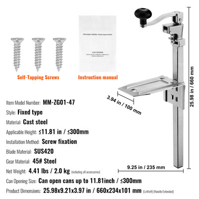 Ouvre-boîtes professionnelle robuste, manuelle, pour boîtes jusqu'à 30 cm de hauteur, hauteur réglable, fixation par vis, idéale pour les hôtels et les commerces alimentaires.