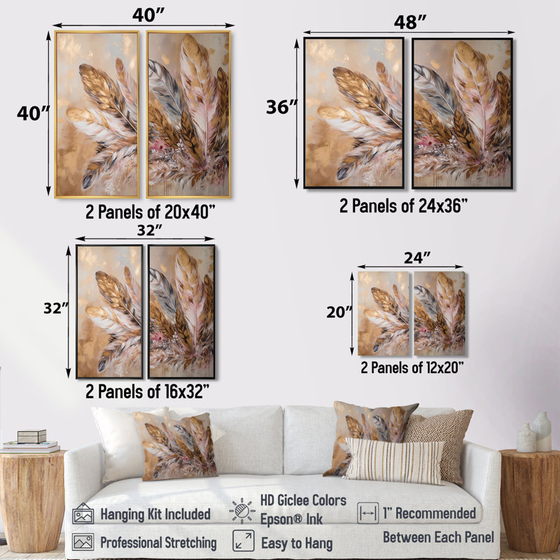 Plume dorée Boho Majesty - art mural 2 panneaux Glam Feather, H 40 po x l 40 po, Impression encadrée flottante, Doré
