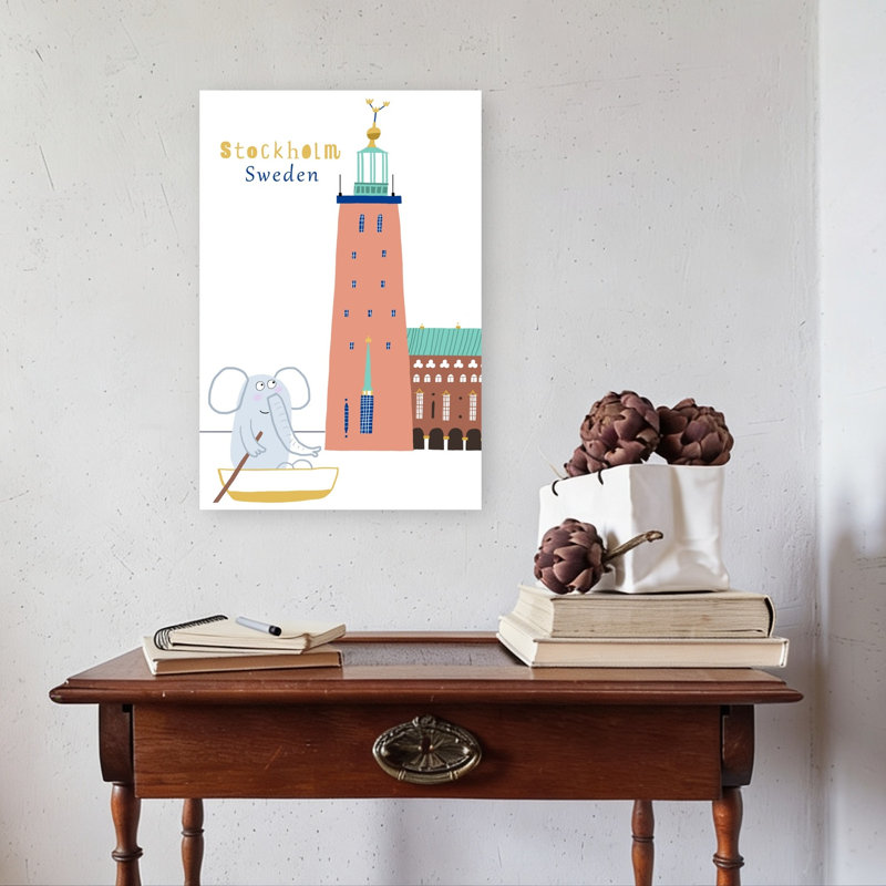 Hôtel de ville de Stockholm, art mural moderne représentant un éléphant et une architecture urbaine, H 24 po x l 16 po