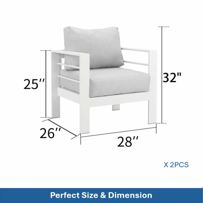 2-Pack 28" All-Weather Aluminum Patio Armchairs With Thick Dark Gray Cushions & Gray Frame, Gray, Gray
