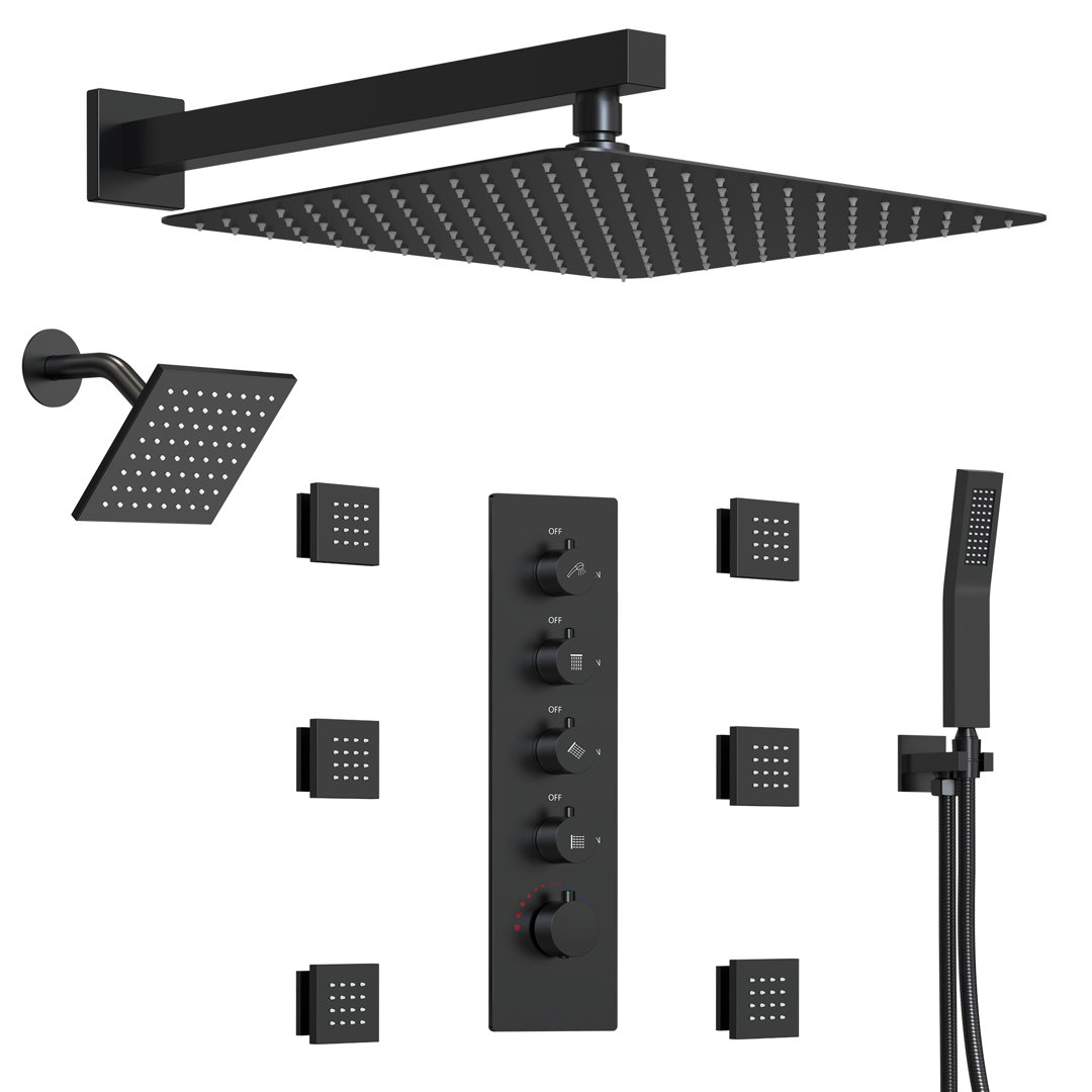 Thermostatic Dual Showerheads System, Wall Mount 16" High-Pressure Rainfall Shower Faucet with Handheld Spray and Body Jet EVERSTEIN