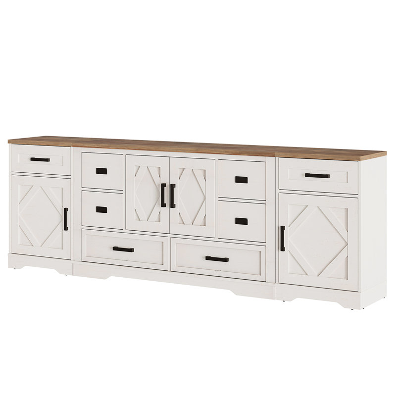 Glenford Farmhouse Accent Cabinet Set With Barn Doors & 8 Drawers, 93.3"W Rustic Storage Combo, Adjustable Shelves, Entryway Or Living Room Organizer