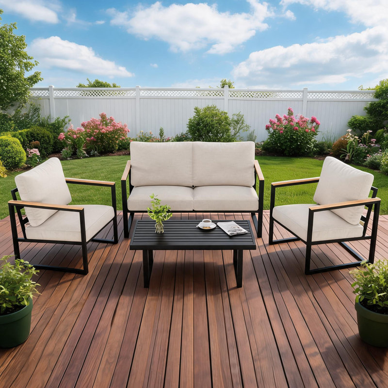 Ensemble de mobilier de patio beige 4 pièces | Canapé d'angle extérieur résistant aux intempéries | Coussins d'accoudoirs anti-brûlure en bois | Idéal pour jardin, balcon, véranda, terrasse