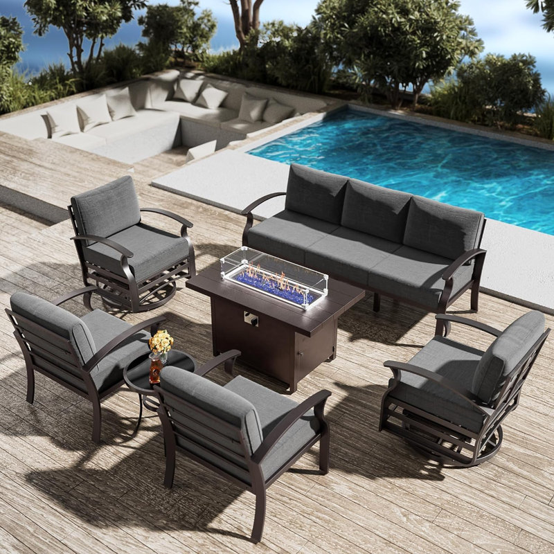 6-Piece Outdoor Patio  Furniture Aluminum Conversation Set Swivel&Glider Armchair With LP Fire Pit Table, Gray