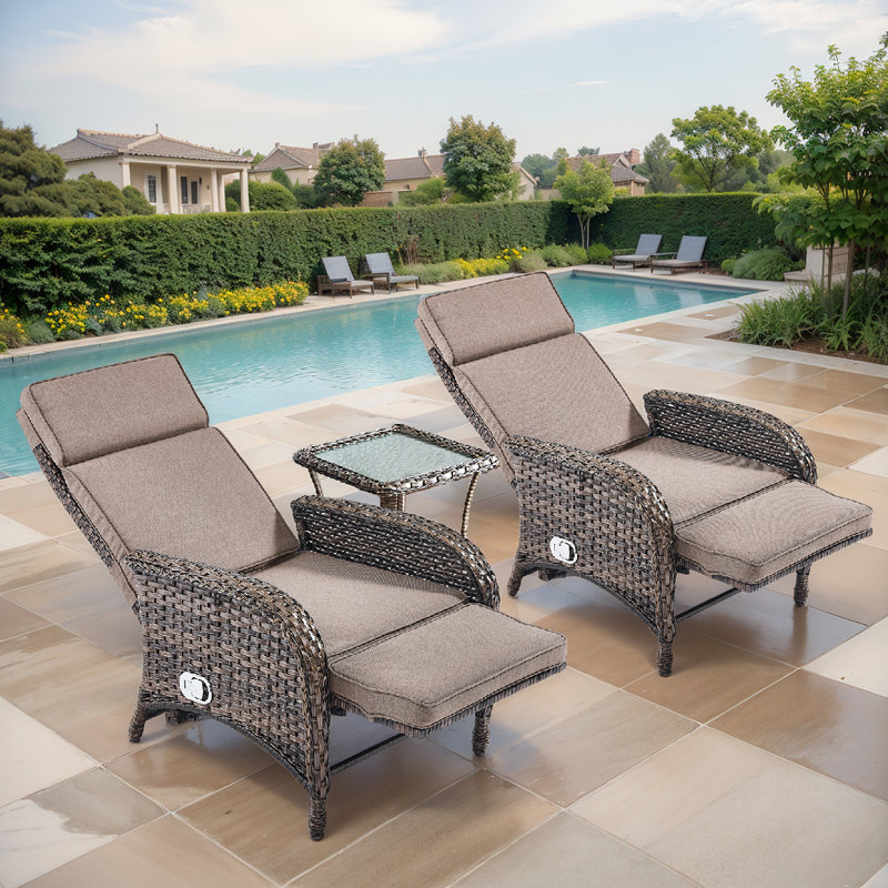 Gaetanino 60" Outdoor Wicker Poolside Reclining Single Chaise Lounge With Cushion and Side Table, Gray