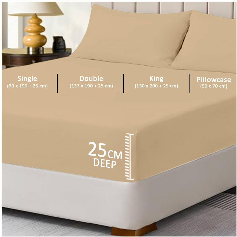 Super Dreamer Pack of 6 Fitted Bed Sheets Solid Colour Polyester Soft Touch Bedding Machine Washable UK Sizes, Beige