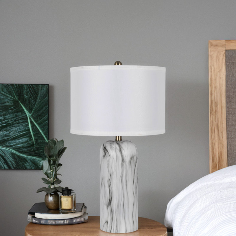 Polyresin Table Lamp with Linen Shade, White Marble