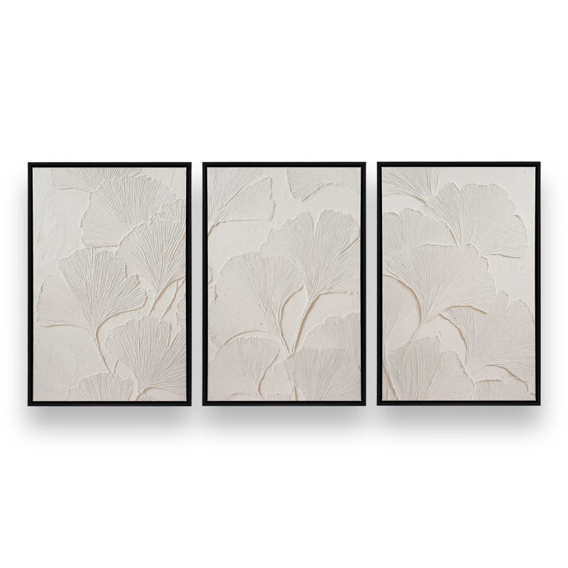 Ensemble de 3 impressions Ginkgo Whispers, Cadre flottant noir satiné, 30 po x 20 po
