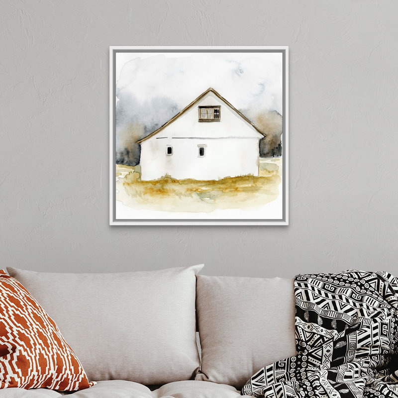 Reproduction d’art sur toile, "Barn Watercolor I" par Victoria Barnes, Cadre flottant blanc, H 32 po x l 32 po x P 1,75 po