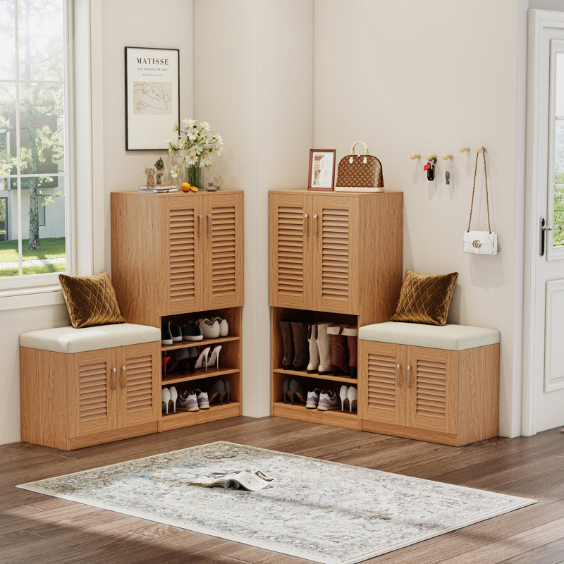 Multi Functional Shoe Storage Cabinet With Bench & 7+3 Storage Compartment, Oak