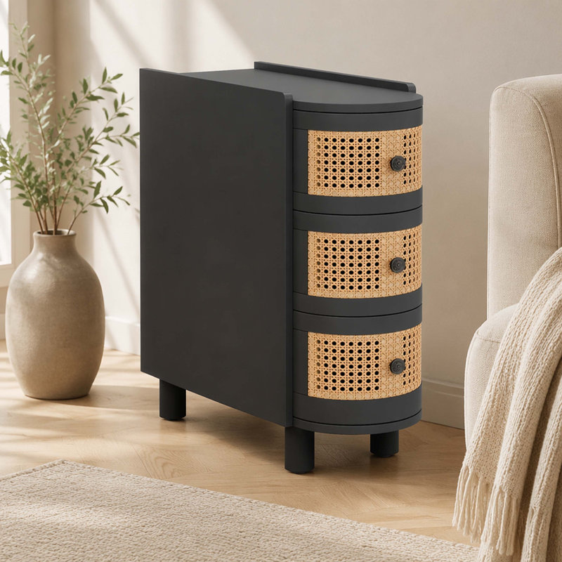 Armoire d'appoint à 3 tiroirs en bois massif de rotin noir, table de chevet étroite et étroite en rotin