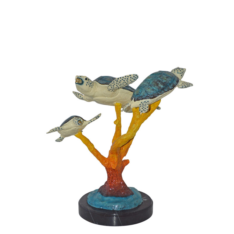 Statue en bronze de trois tortues Cheriton nageant autour de coraux - Taille: L 17 po x l 15 po x H 19 po