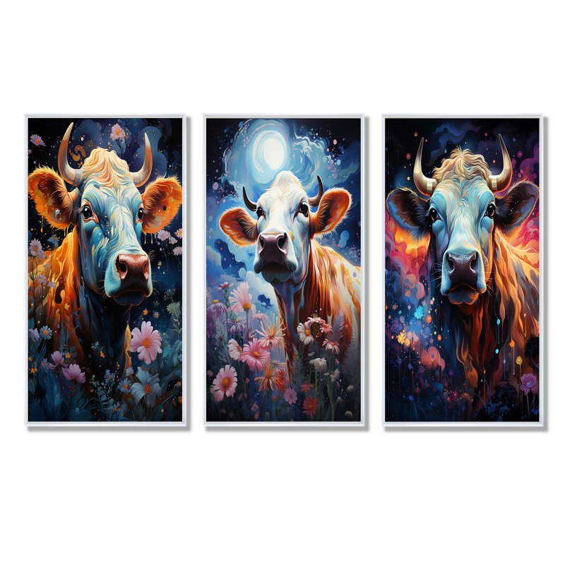 Vache fantastique dans un pays enchanté - ensemble de 4 décorations murales de vache, Cadre flottant blanc, H 32 po x l 48 po