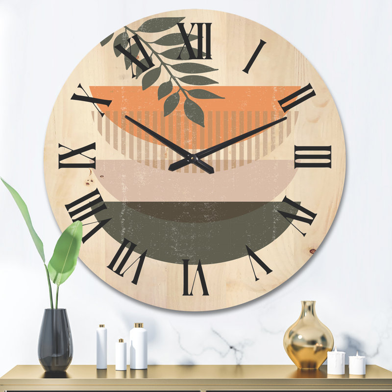 Horloge murale abstraite géométrique soleil et lune avec feuille II, Grand