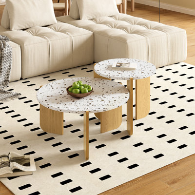 Round Nesting Coffee Table Set Pattern Top Side End Units Accent Settee Tea Desk Living Room Lounge Base, White & Wood