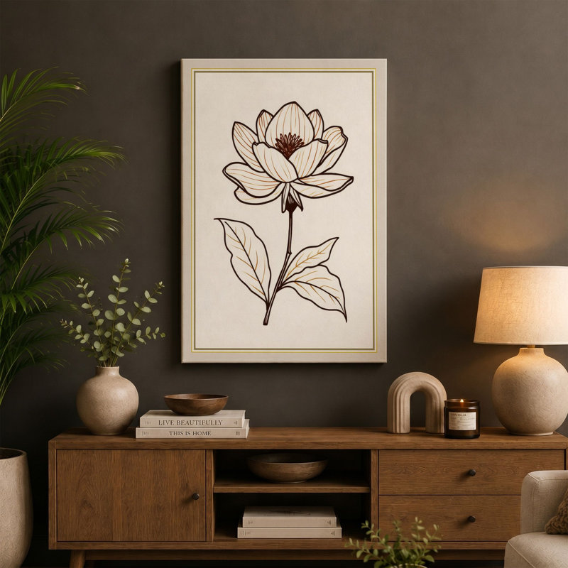 Lotus in Line Botanical 1 Piece Wrapped Canvas Wall Art, 30x20 - 76.2 x 50.8 cm, Ochre Border