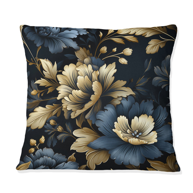 Coussin décoratif en polyester damassé Glamour V bleu foncé et doré, H 18 po x l 18 po