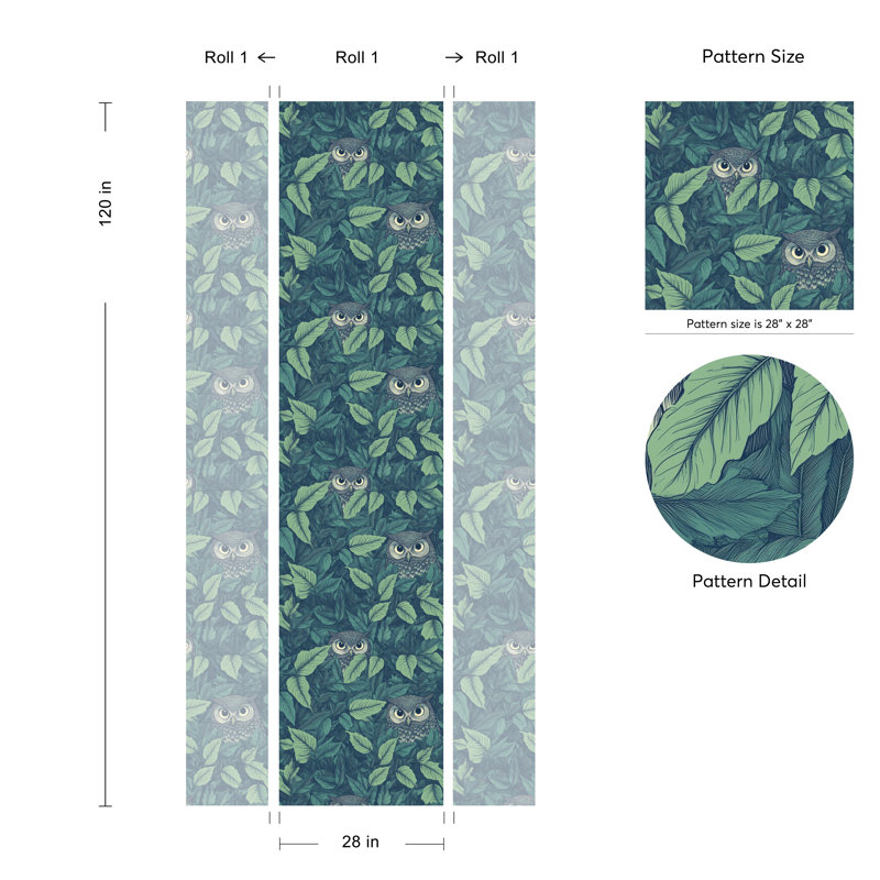 Rouleau de papier peint à motif de feuilles de chouette rétro