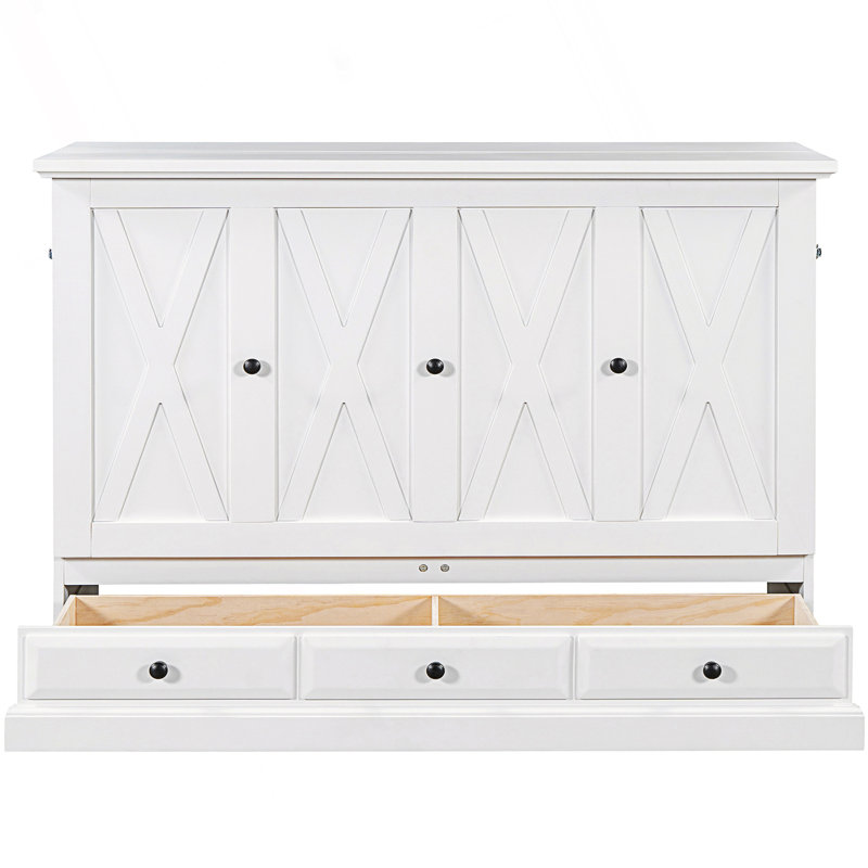 Lit escamotable de style campagnard, lit armoire à caisson avec station de charge et grand tiroir de rangement, grand lit