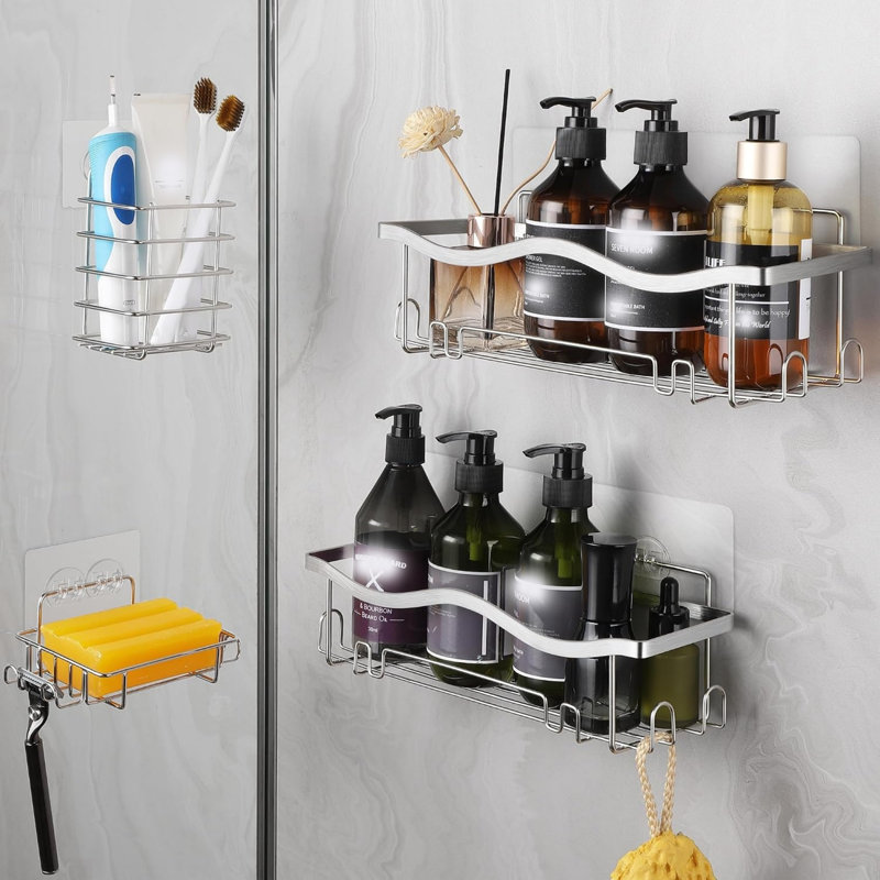 4 Pack Stainless Steel Shower Caddy, Shower Shelf No Drilling with Soap Holder, Sliver