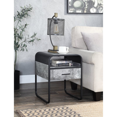Table de bout élégante en béton gris et noir avec espace de rangement supplémentaire et tiroir pratique