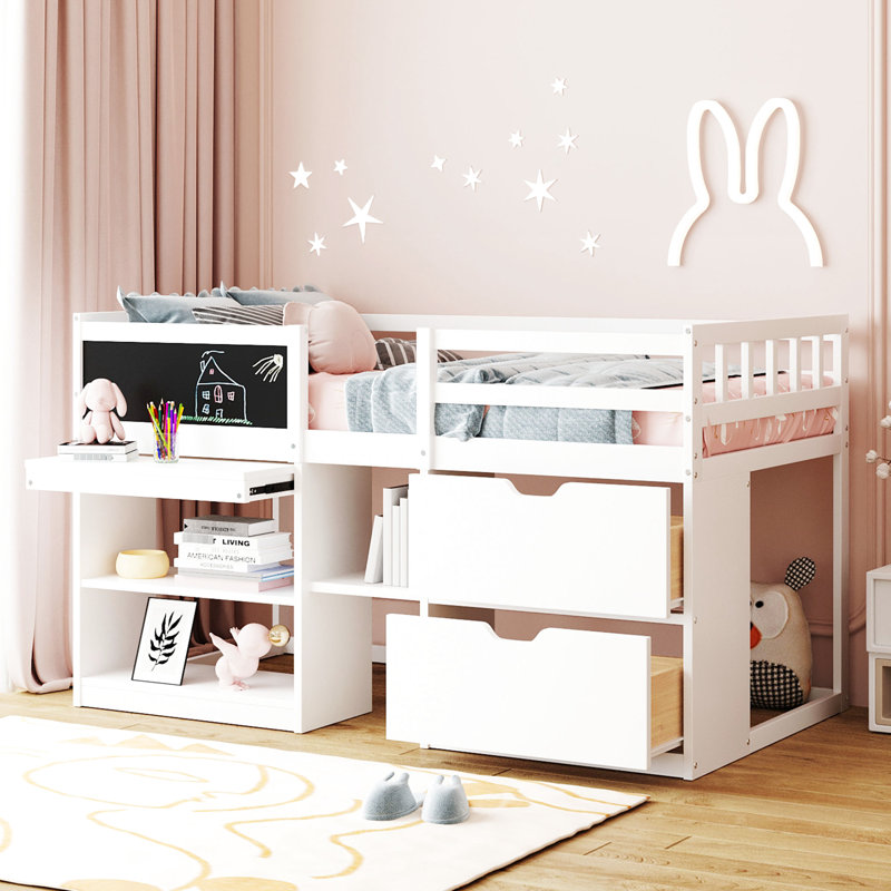 White Twin Size Low Loft Bed With Storage Options - Solid Wood Construction For ' Rooms Rolling Desk, Shelf, And Functional Space