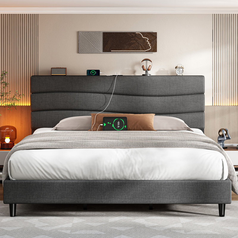 Upholstered Storage Bed with Charging Station, Gray, King