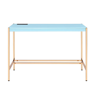 Bureau d'écriture rectangulaire avec teinte bleue et dorée, bâbord, conception fixe, finition brillante, base ouverte en métal blanc, largeur de 20 po, surface lustrée de 30 po