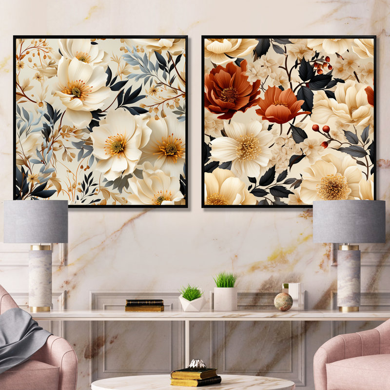 Kelia - Ensemble de 2 décorations murales florales, Cadre noir, H 16 po x l 33 po x P 1 po
