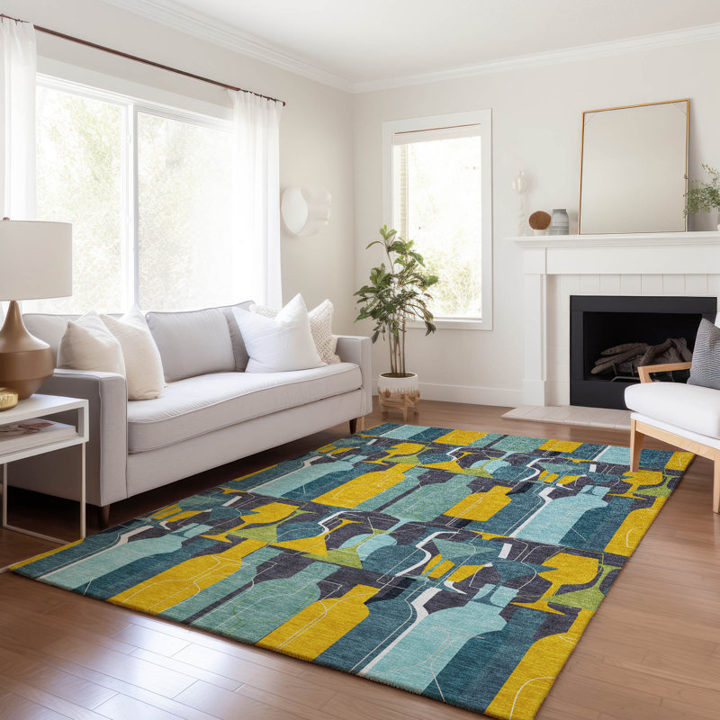 Tapis bleu Cerrito AMF168 lavable à la machine de qualité supérieure, Rectangle 5 pi x 7 pi 6 po 