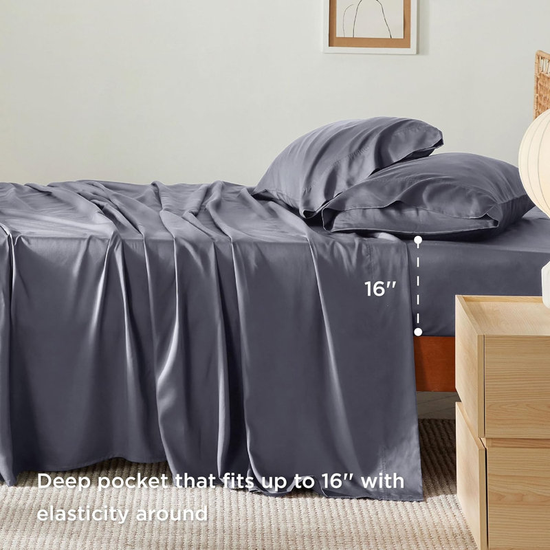 Ensemble de draps pour lit très doux Gentlesoft, draps rafraîchissants pour dormeurs chauds, rayonne de bambou, respirant et doux, poche profonde jusqu'à 16 pouces, literie soyeuse de luxe d'hôtel, gris foncé
