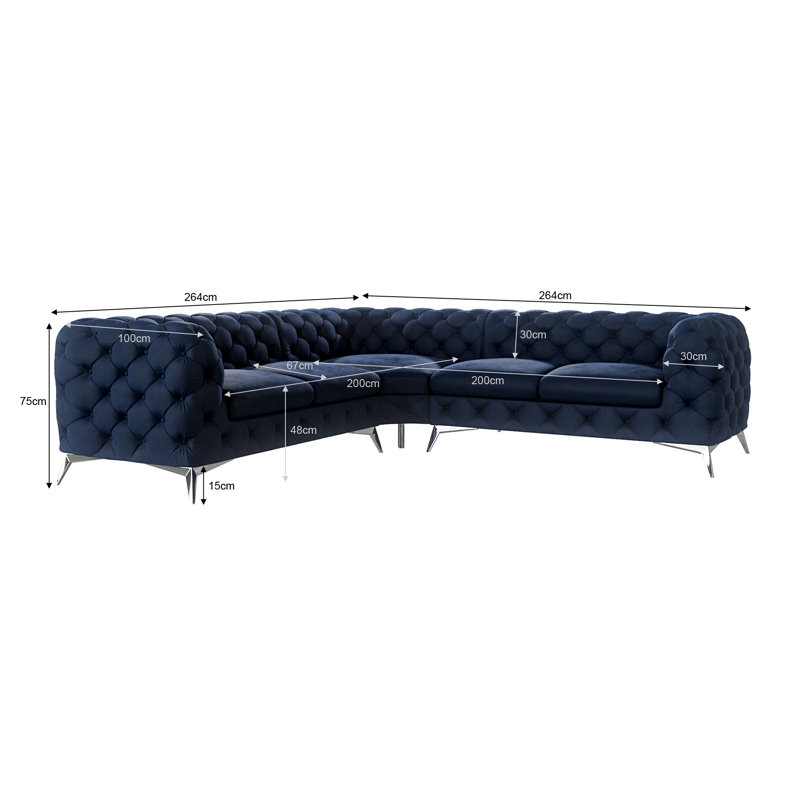 Chesterfield Corner Sofa L-Shape  with Silver Metal Legs, Navy Blue