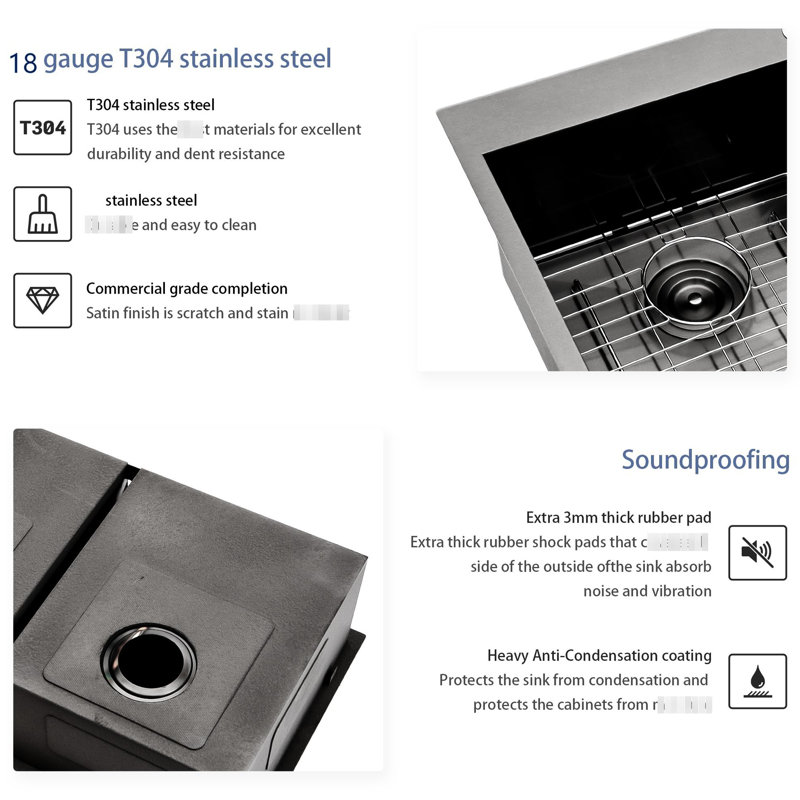 Double Bowl Sink 33X22 - Gunmetal Black, 18 Gauge Stainless Steel, High-Performance 33"X22" Black Kitchen Bowl, Corrosion