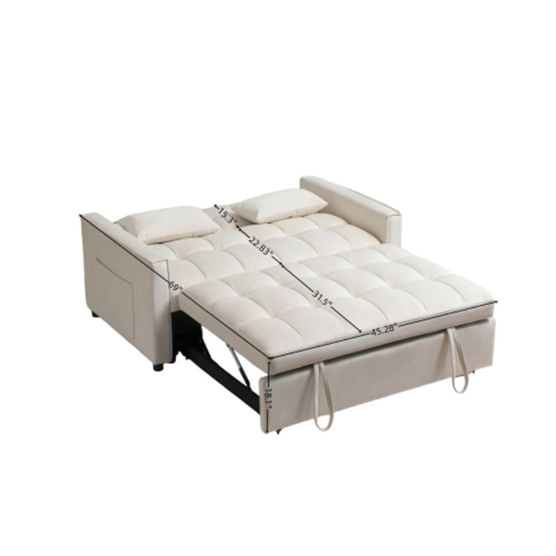 Canapé 3 en 1 en velours avec accoudoirs, Crème